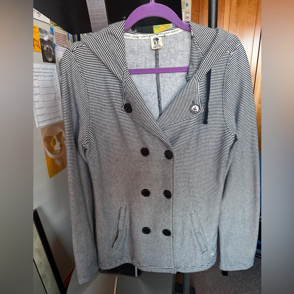 Navy and White Striped Double-Breasted Roxy Sweatshirt Jacket